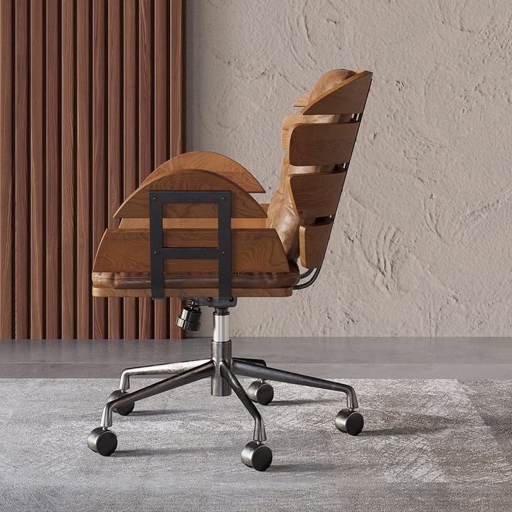 Brown Industrial Swivel Office Chair Leather Upholstered Task Chair Adjustable Height