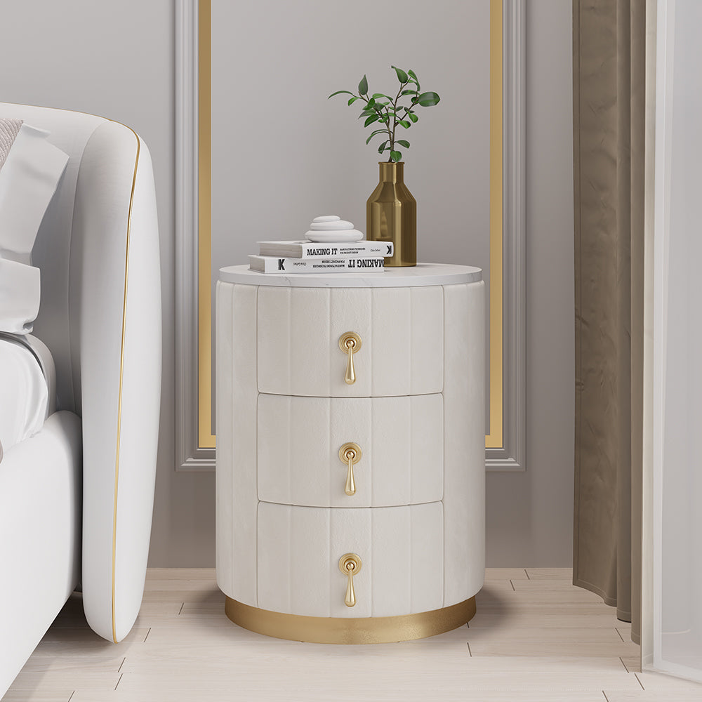 Homary White Velvet Nightstand with Storage Round Nightstand with 3 Drawers Stone Top