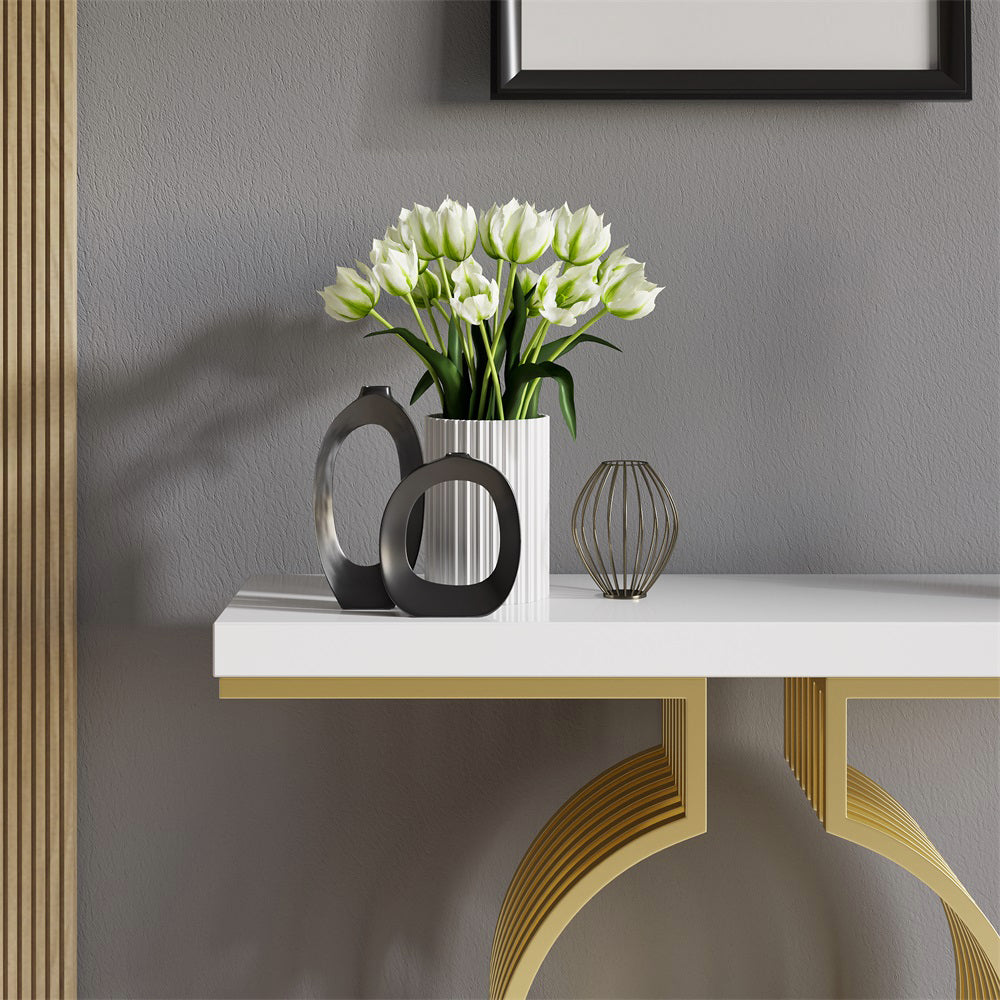 Narrow White Hall Table with Geometric Gold Metal Base