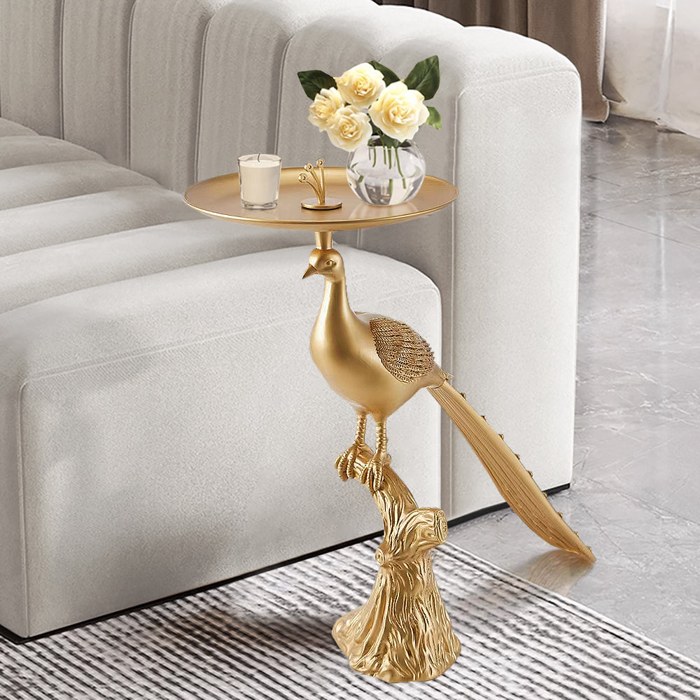 Art Deco Gold Peacock End Table with Tray Top Resin Accent Table