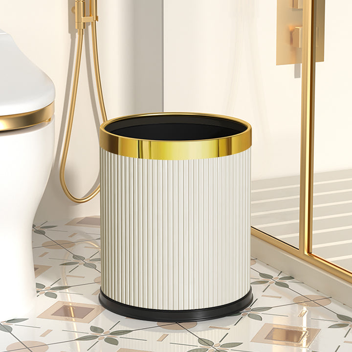 Gold & White Round Rubbish Bin Open Top PU Leather & Metal Garbage Can for Bathroom