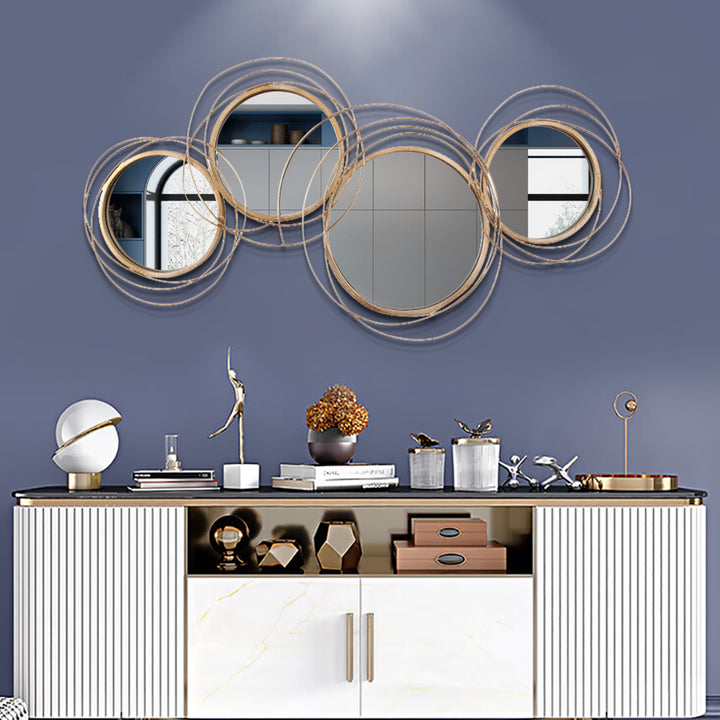 Modern Luxury Large Gold Round Wall Mirror Creative 3D Overlapping 4 Rings Metal Decor