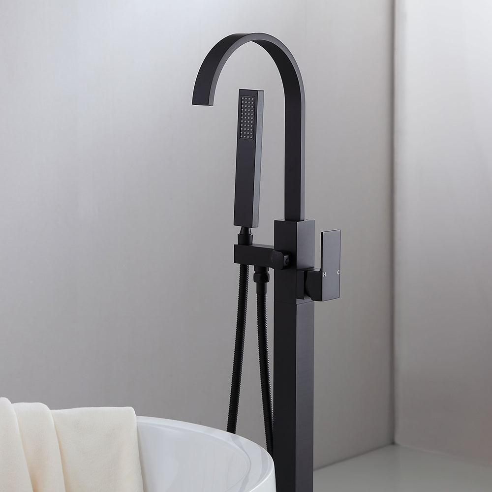 Dree Freestanding Matte Black Bath Filler Tap and Handheld Shower with High-Arc Spout