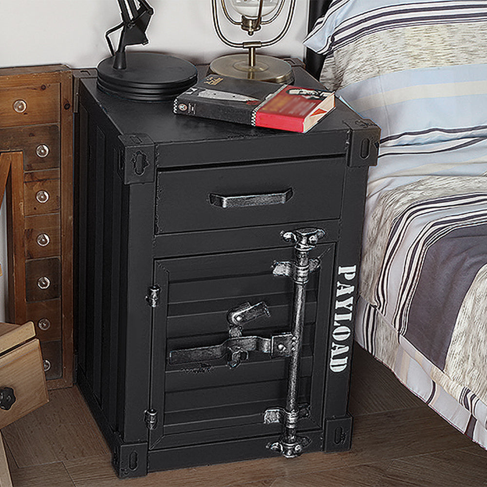 Ctainer Industrial Loft Black Nightstand Retro Bedside Storage Cabinet with Door & Drawer