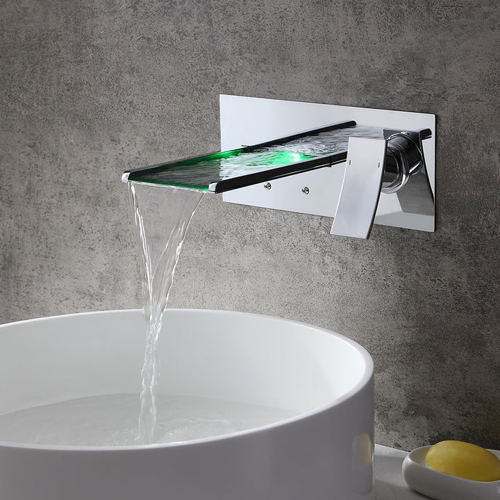 Koko Contemporary LED Wall-Mounted Polished Chrome Brass Waterfall Bathroom Basin Tap