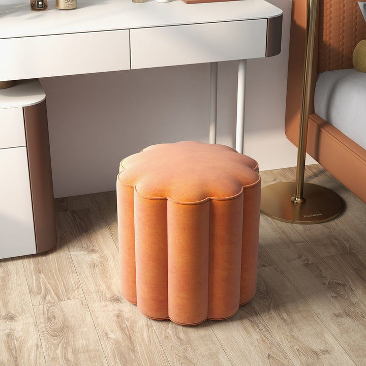 Velvet Upholstered Makeup Vanity Stool Orange Round Ottoman