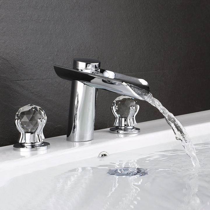 Morga Chrome Waterfall Bathroom 3 Hole Basin Tap with Crystal Handles