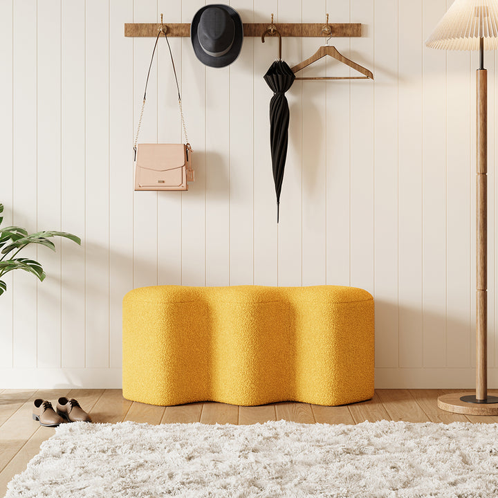 Modern Yellow Entryway Bench Boucle Upholstered Molecule Ottoman Wooden Frame