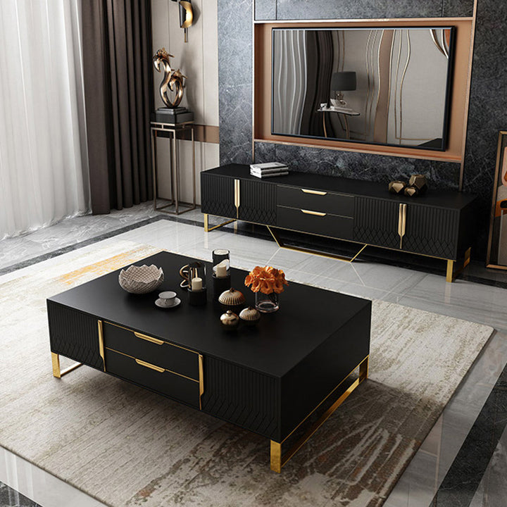 Aro Nordic Rectangular Black Coffee Table with Storage of Drawers & Doors in Gold