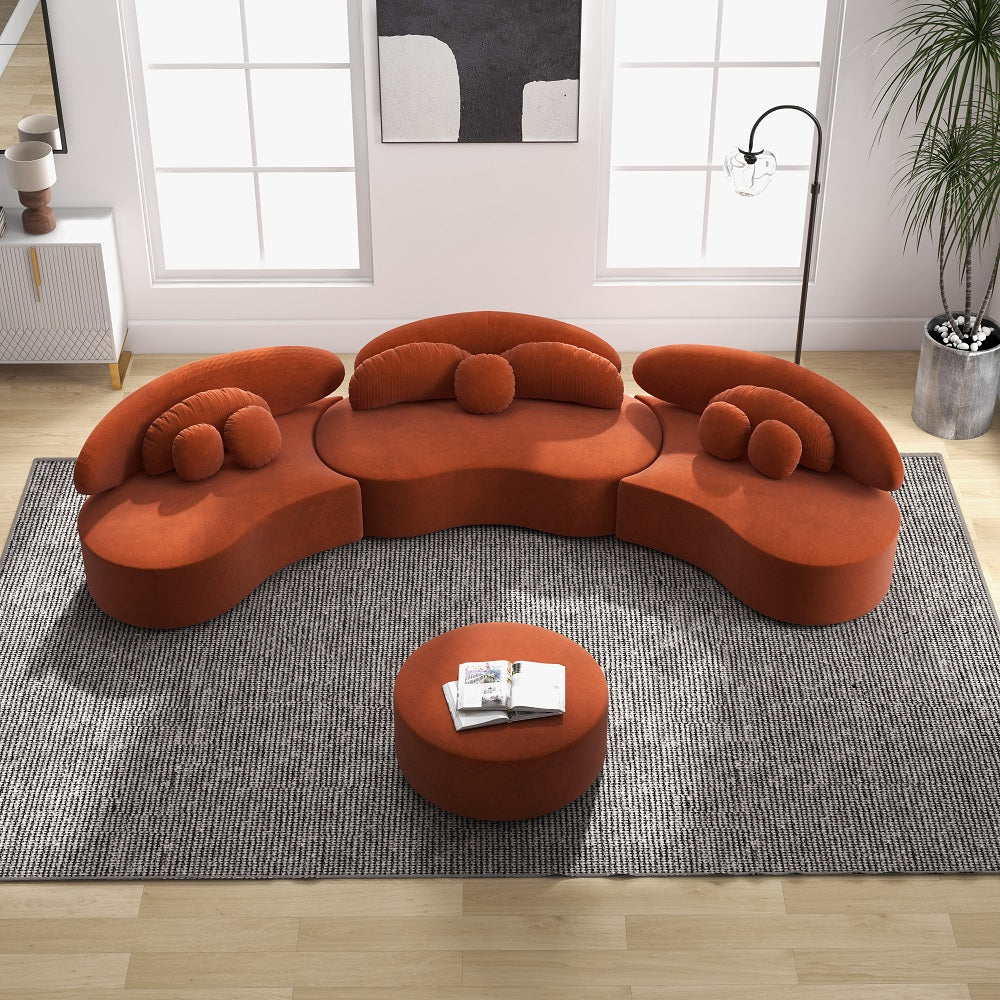 Homary Modern 7-Seat Sofa Curved Sectional Modular Orange Velvet Upholstered with Ottoman