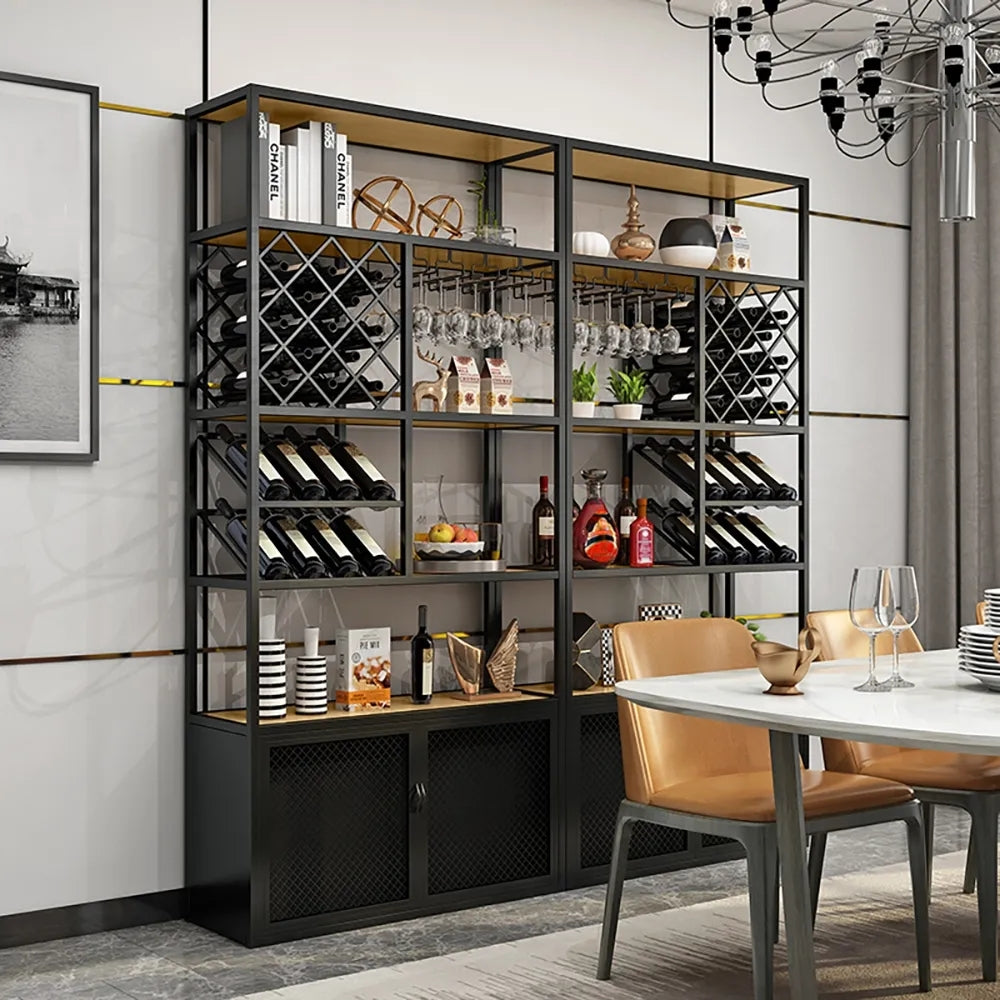 Industrial Tall Metal & Wood Wine Rack Floor Home Bar Cabinet with Glass Rack & Bottle Holder in Black