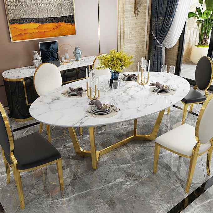 Oval Dining Table White Faux Marble Dining Table Modern 63" Dining Table with Gold Frame