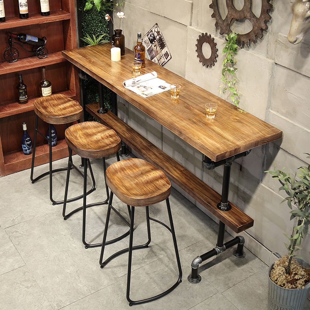 Industrial Long Bar Height Table Set for 4 Wooden 5 Piece Breakfast Table and Bar Stools with Footrest