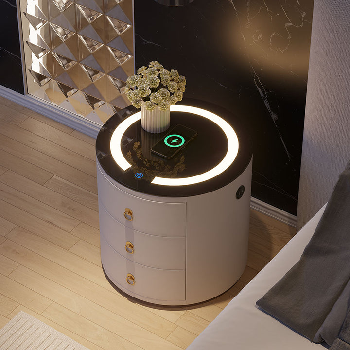 Round PU Leather Nightstand with Wireless Charging & Speakers & USB Port Modern Off-White Bedside Table