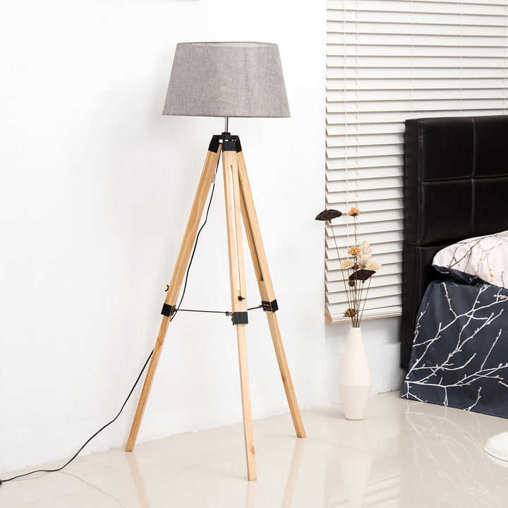 Tripod Floor Lamp Wooden Adjustable Modern Illumination Design E27 Bulb Compatible (Grey Shade) 99-143H