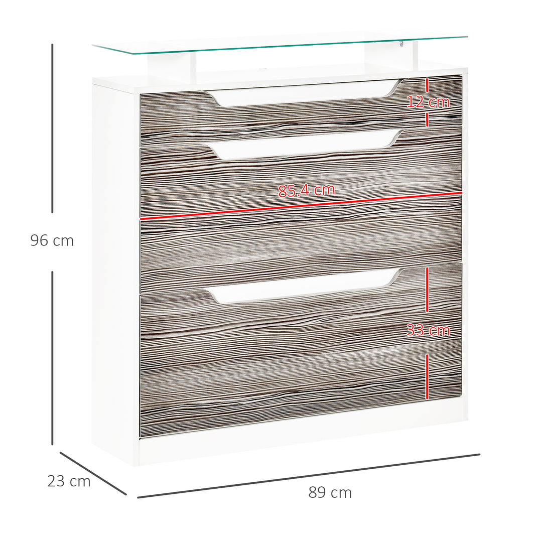 Shoe Cabinet with 3 Drawers High Gloss Storage Cupboard Tipping Bucket w/ Flip Door Glass Top Adjustable Shelf for 14 Pairs