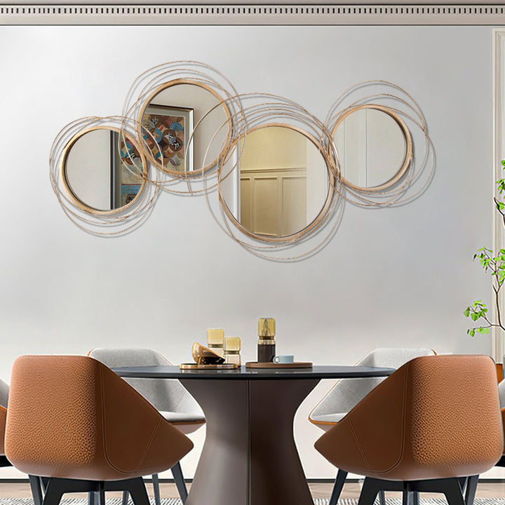 Modern Luxury Large Gold Round Wall Mirror Creative 3D Overlapping 4 Rings Metal Decor