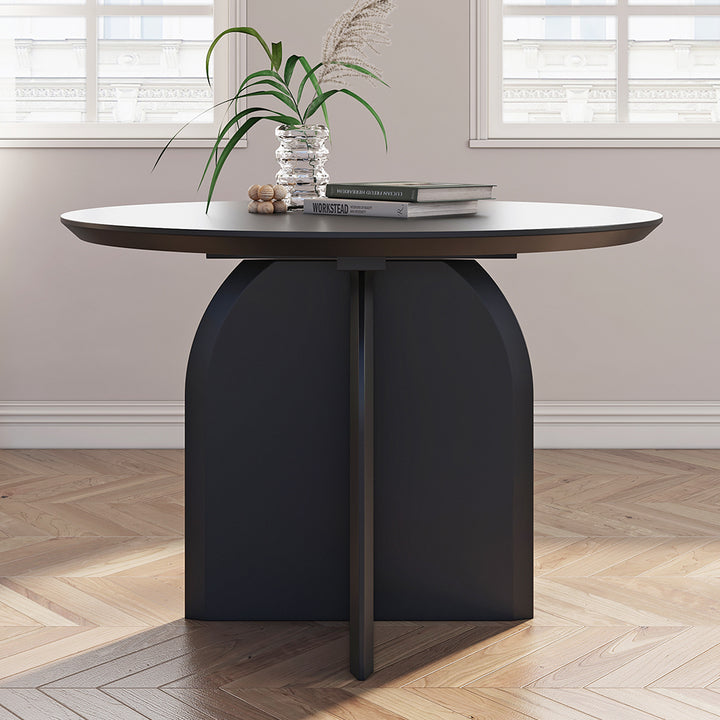 Round Dining Table Solid Wood Tabletop Pedestal Base for 4 Modern Black