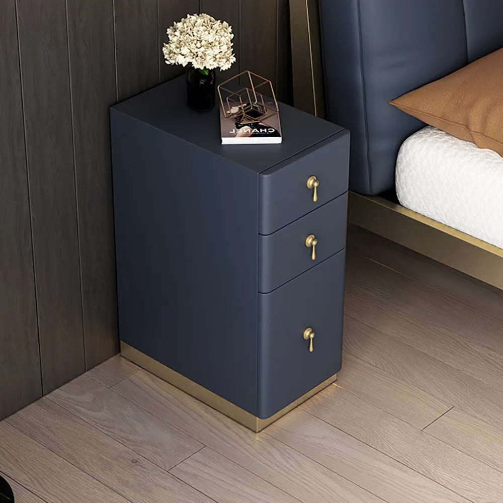 Modern Blue 3-Drawer Nightstand Narrow Bedside Table with Faux Leather Upholstery