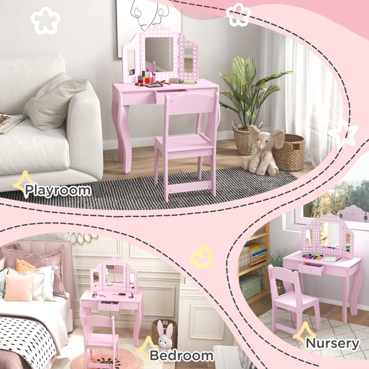 Kids Dressing Table Sets with Stool and Tri-Fold Mirror