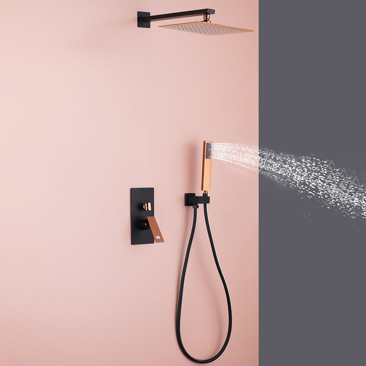 Wall-Mount Shower Set 250mm Rainfall Shower Head with Hand Shower Black & Rose Gold