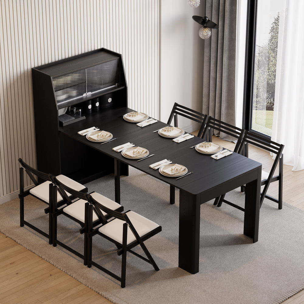 70.9'' Extendable Dining Table with Storage Rectangle Sideboard Glass Door Seats 4-6 Modern Black