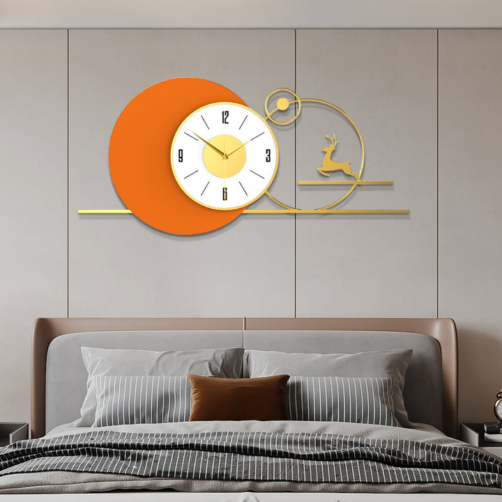 White & Orange Large Round Metal Wall Clock with Gold Pointer Modern Home Deer Decor Art