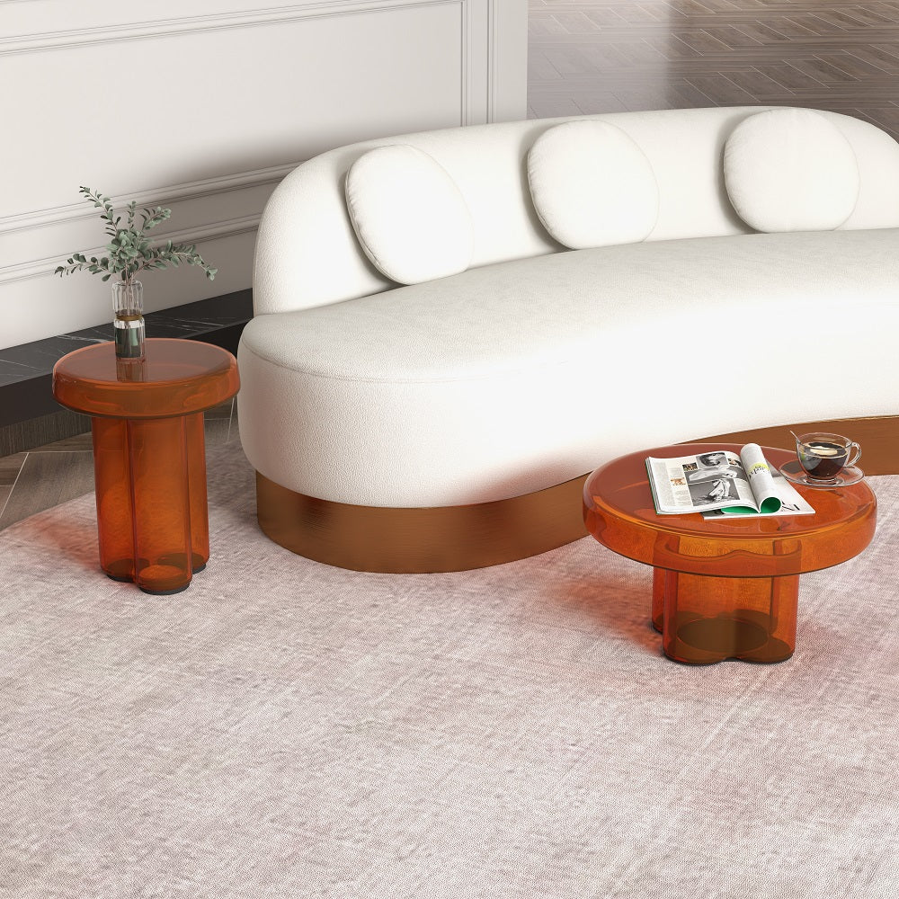 Modern Glass Coffee Table Set 2-Piece Cloud-Shaped in Orange