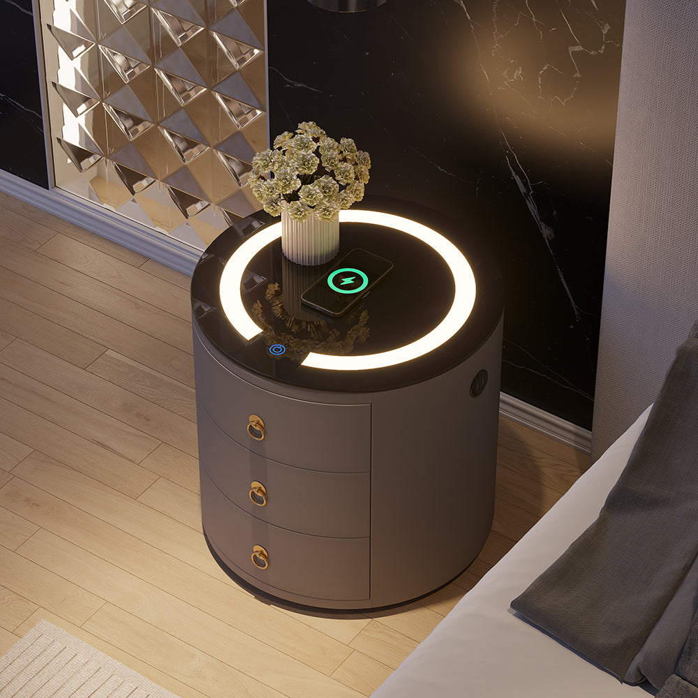 Modern Grey Round Nightstand with Light & Wireless Charging & Speakers & USB Port