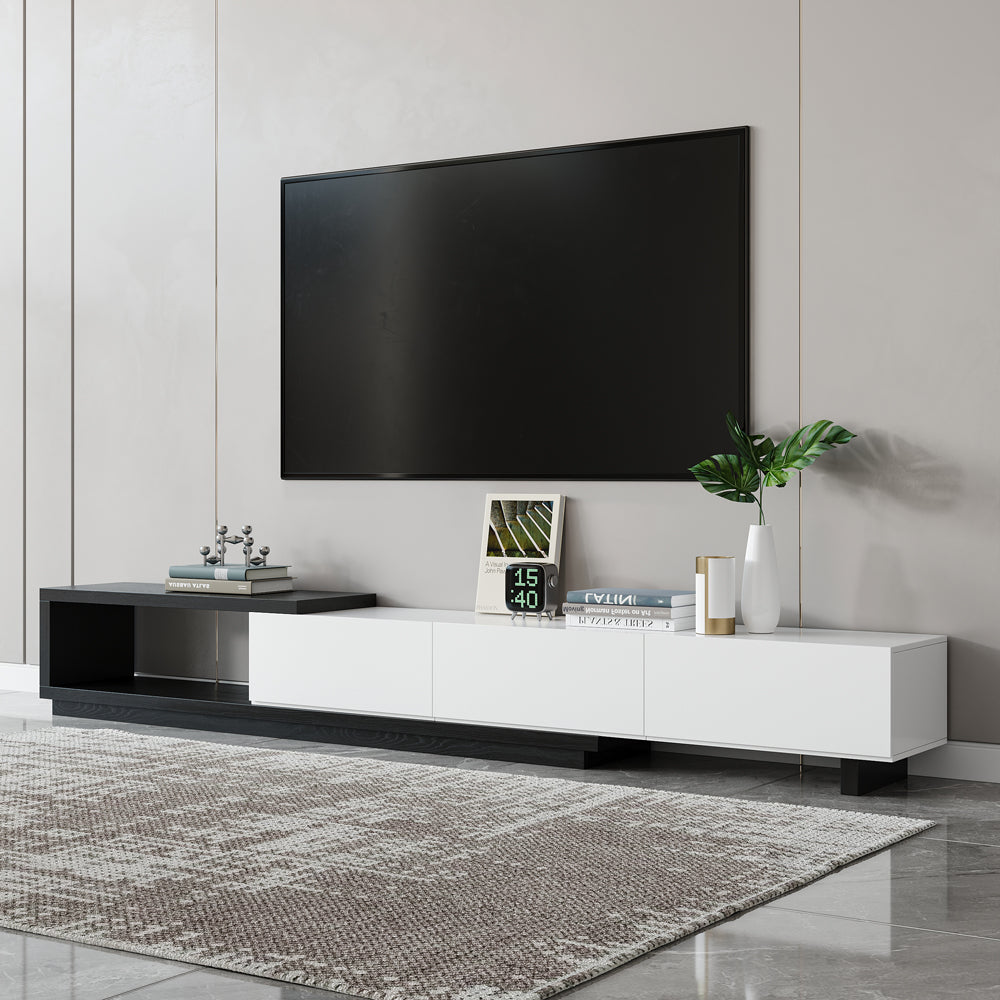 Quoint Modern TV Stand Retracted & Extendable 3-Drawer Media Console for TV Up to 2550mm