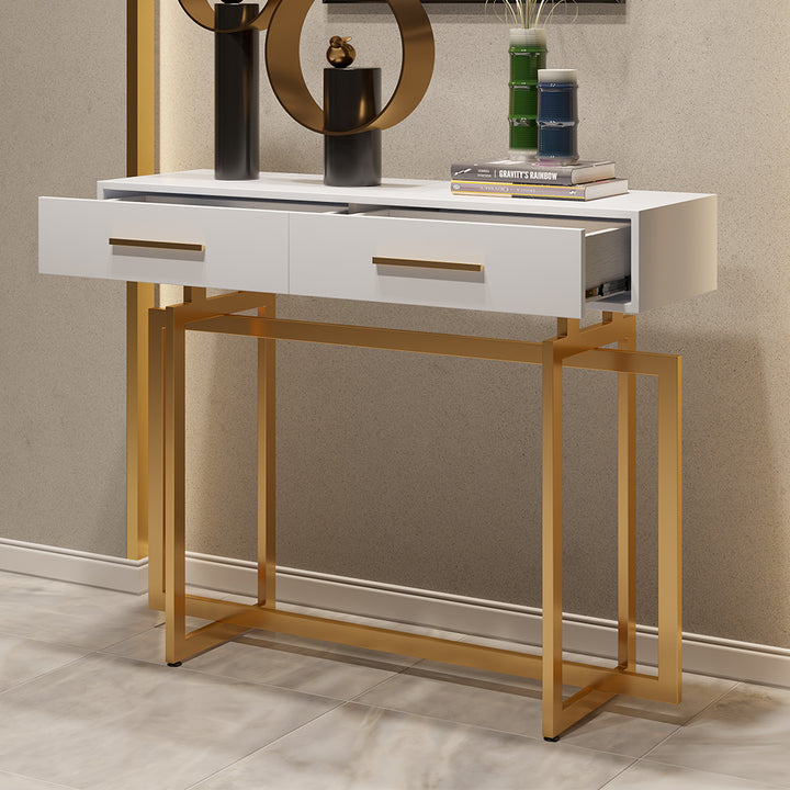 1200mm Narrow Console Table with Storage Drawers White Entryway Table with Metal Legs