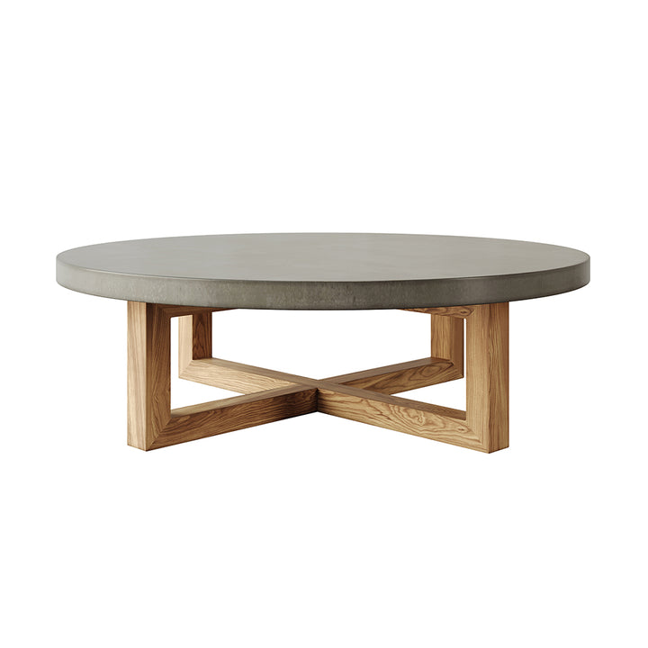 800mm Round Concrete Gray Coffee Table with Cross Legs Pine Wood Base