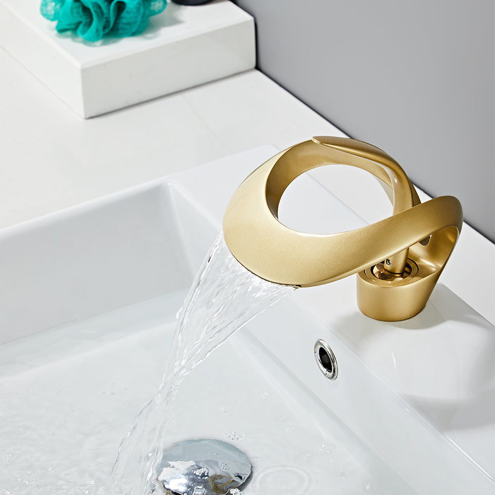 Modern Elegant Waterfall Bathroom Basin Tap Single Lever Handle Solid Brass in Gold