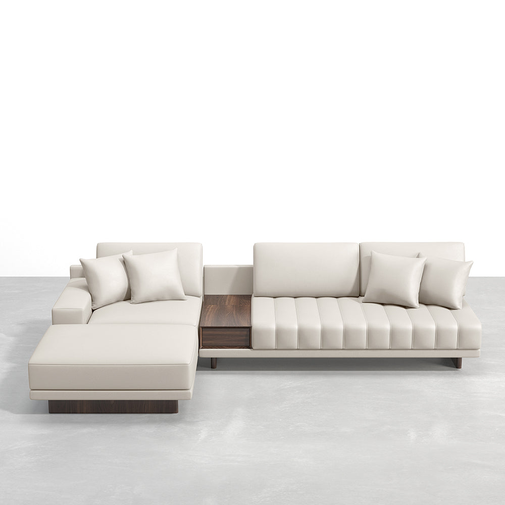 126" Leather L-Shaped Modular White Sectional Sofa with Storage Side Table and Ottoman