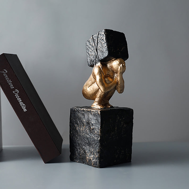 Black & Gold Resin Thinker with Heavy Stone Sculpture Figure Person Statue Ornament Art