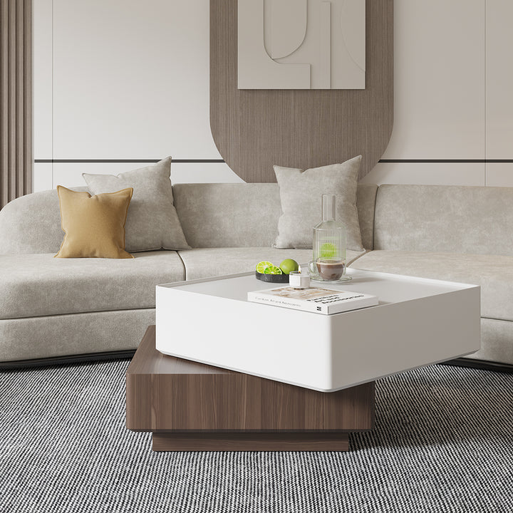 Japandi Square Swivel Rotating Coffee Table with 2 Drawers in White & Walnut