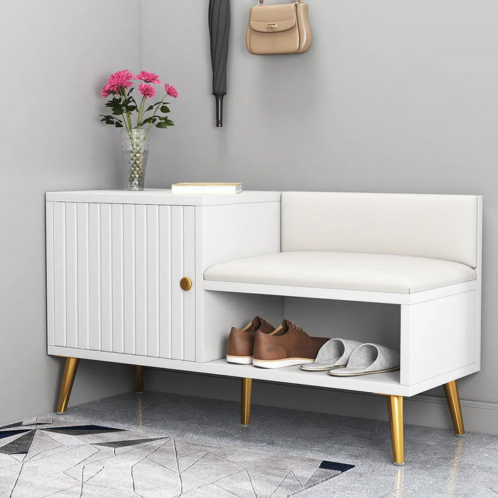 Yellar White Modern Upholstered Shoe Rack Bench with Storage Cabinet and Shelf Hallway