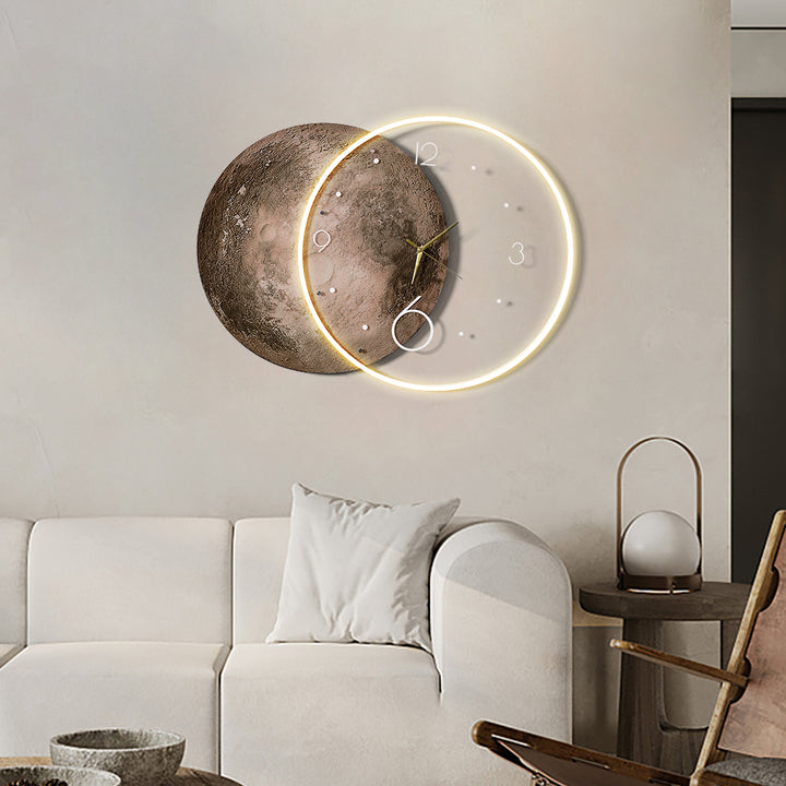 Round Modern Cool Brown Moon Large Wall Clock LED Light Wall Clock Wall Decoration