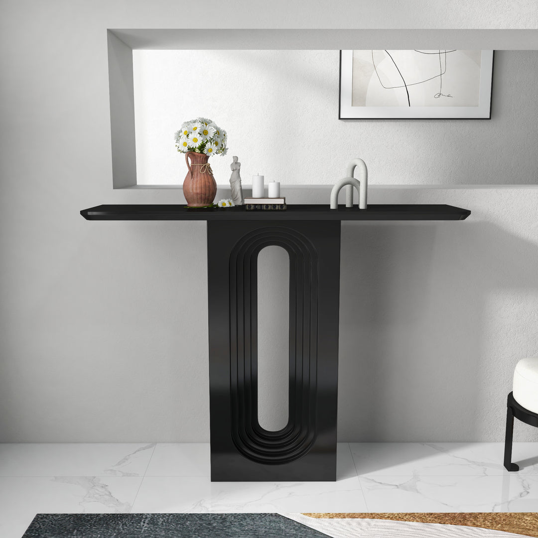 1200mm Japandi Narrow Wood Black Console Table with Geometric Pedestal Entryway Table