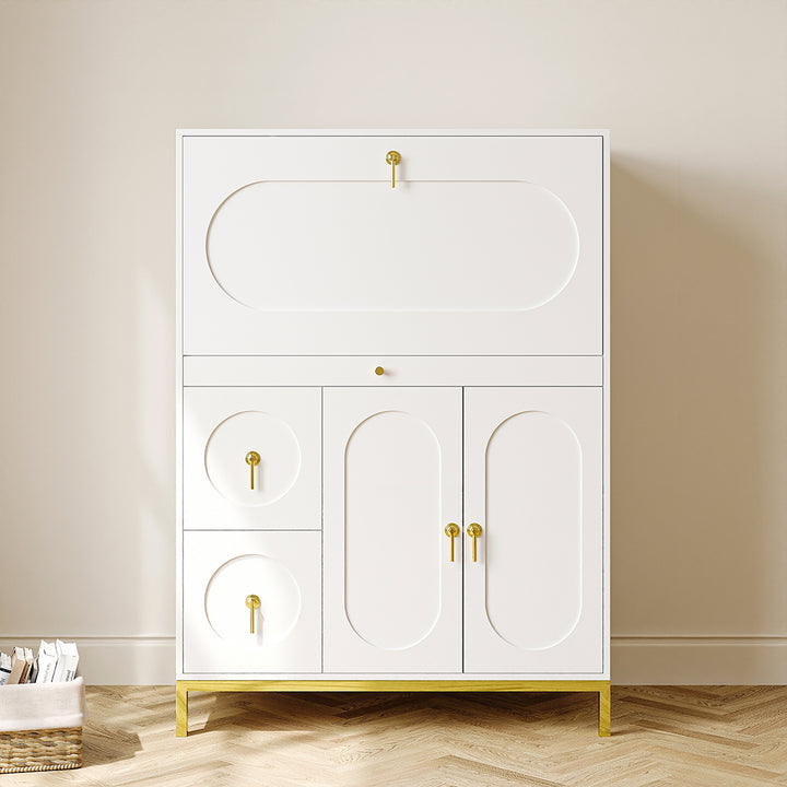 1000mm Modern White & Gold Secretary Desk with 3 Drawers and 3 Doors Flip Design