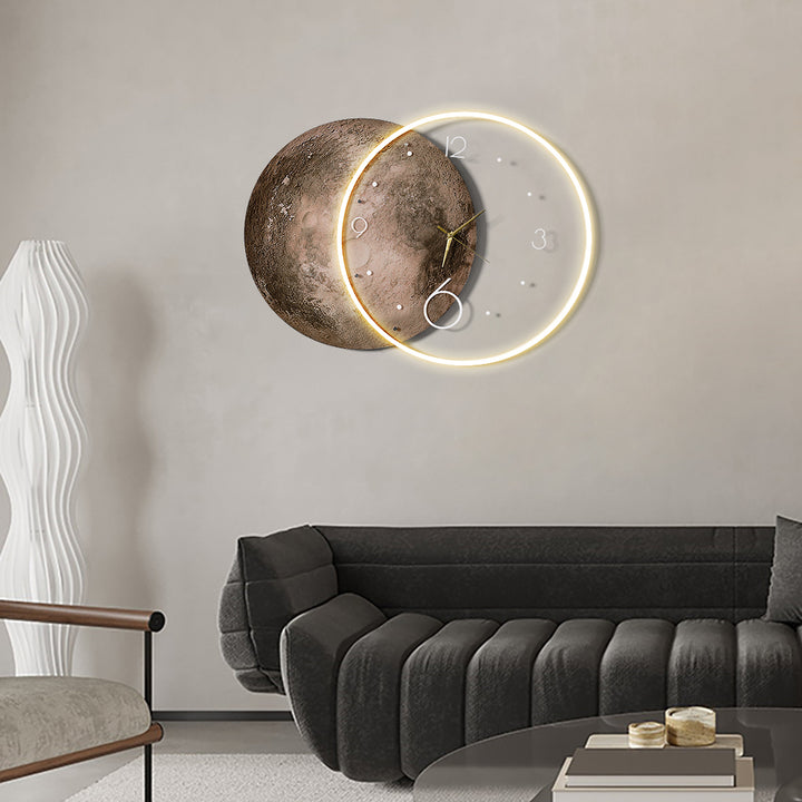 Round Modern Cool Brown Moon Large Wall Clock LED Light Wall Clock Wall Decoration