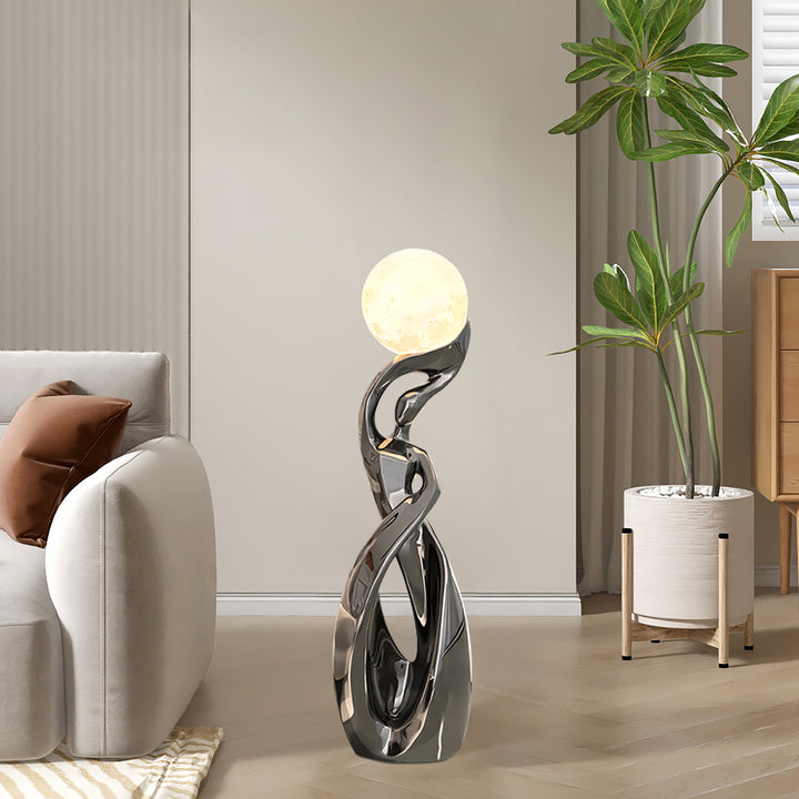 Silver Sculpture with Illuminated Sphere Modern Art Decor for Living Room