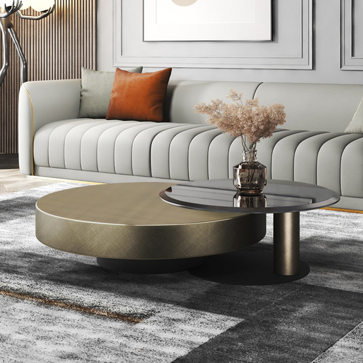 Modern Gold & Black 2-Piece Round Nesting Coffee Table Set with Tempered Glass Top