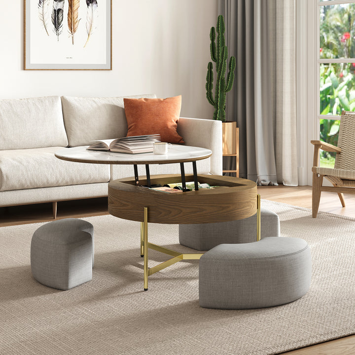 Round Lift-Top Coffee Table Set with 3 Ottomans and Storage White Tabletop and Walnut-Colored Body