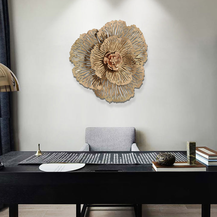 Modern Hollow-Out Peony Flower Gold Pendant Sofa Background Metal Wall Decor