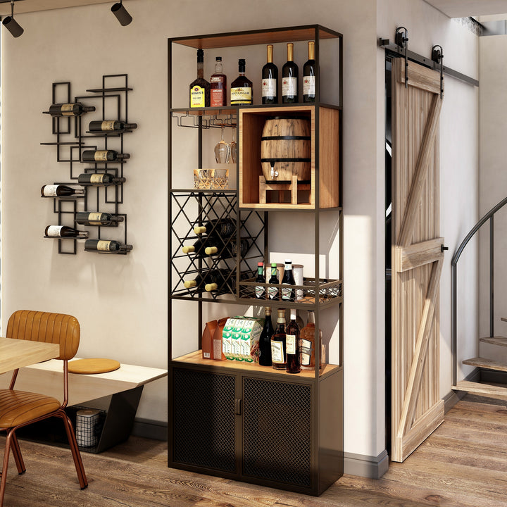 Industrial Tall Black Bar Wine Rack Cabinet with Glass Holder Wood Floor Home Bar Cabinet with Storage