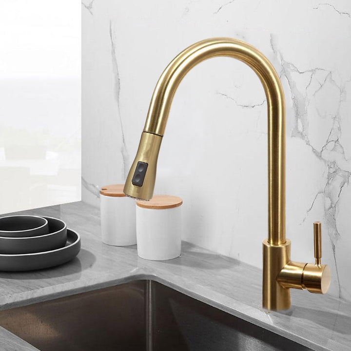 Pull Out Kitchen Tap Brushed Gold with Dual Function Sprayer