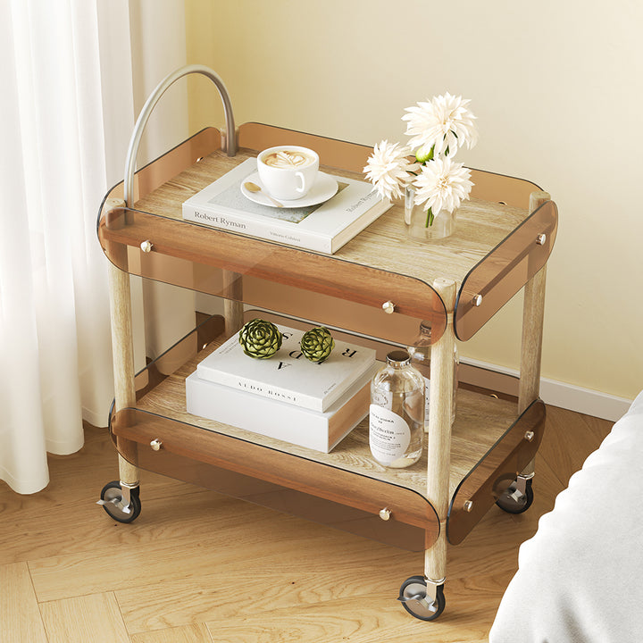 Wooden Natural Rolling 2-Tier Bar Cart on Wheel with Stainless Steel Handle Glass