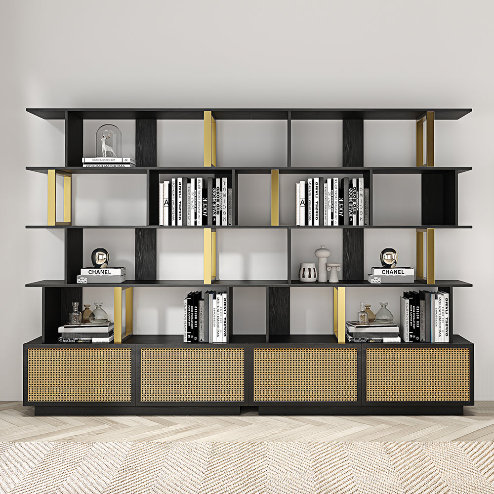 5-Tier Black Wood Bookshelf with 2 Doors Modern Bookcase in Gold Finish