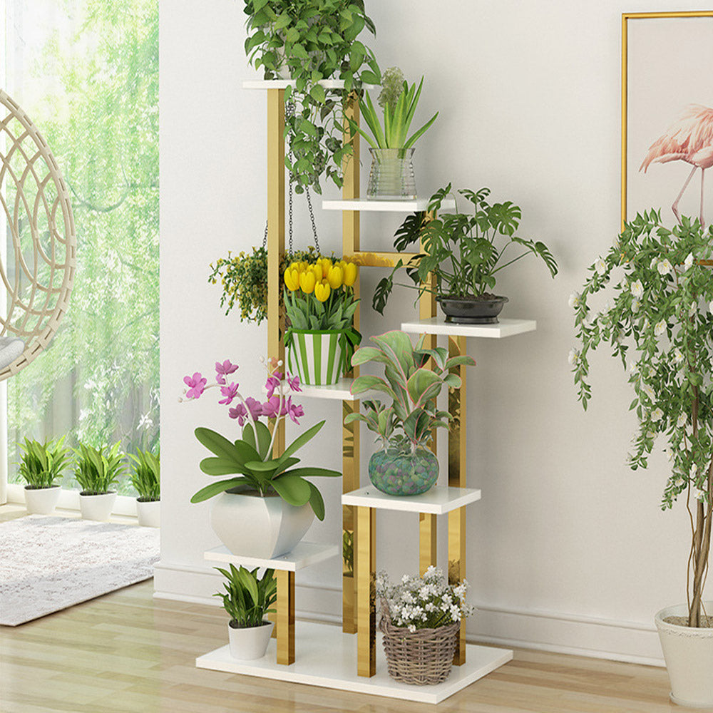 1500mm Tall Metal Plant Stand Indoor Modern 7 Tier Ladder Planter in Gold & White